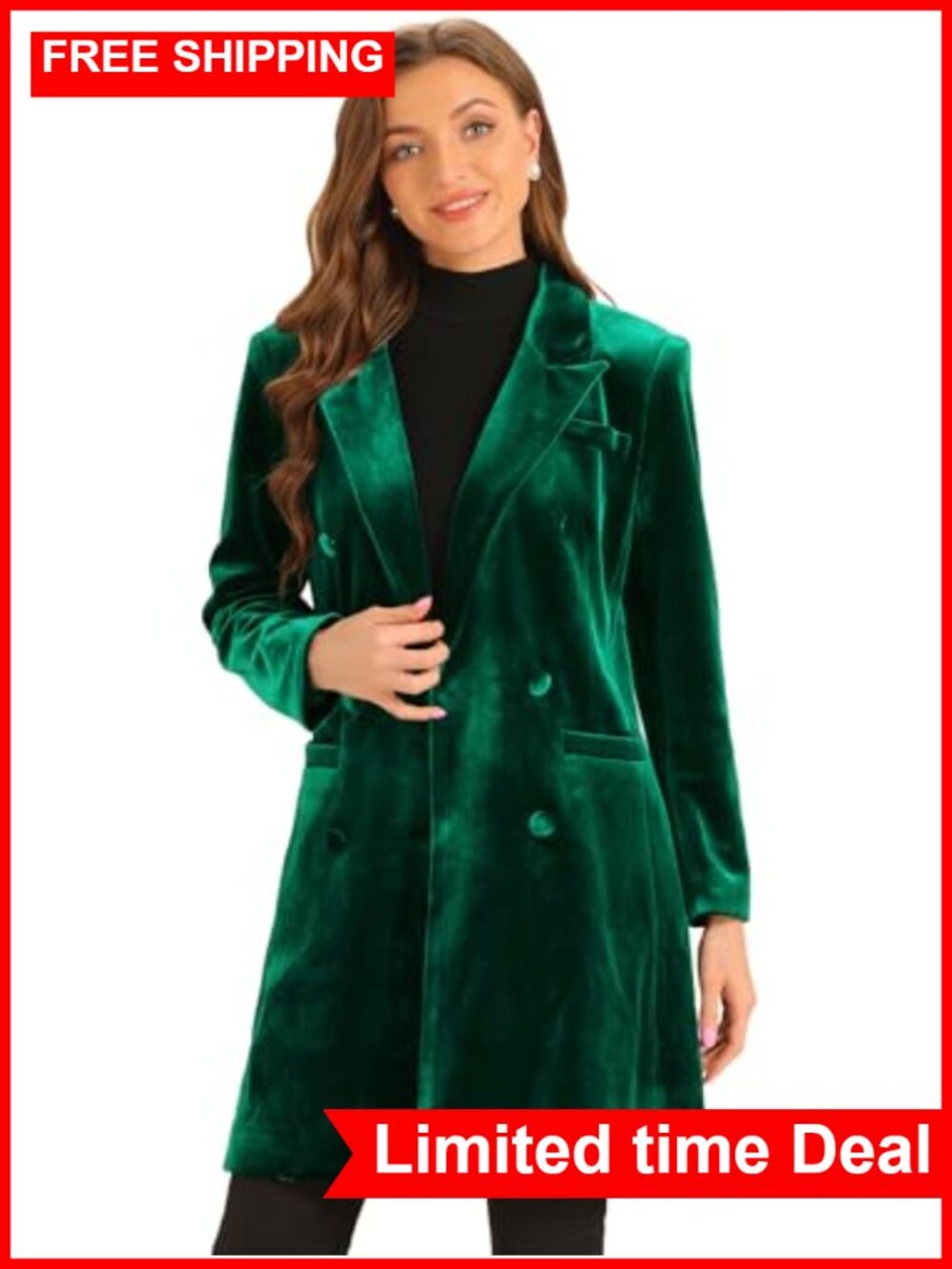 Women Velvet Double Breasted Long Coat Notch Lapel Winter Pea Coat